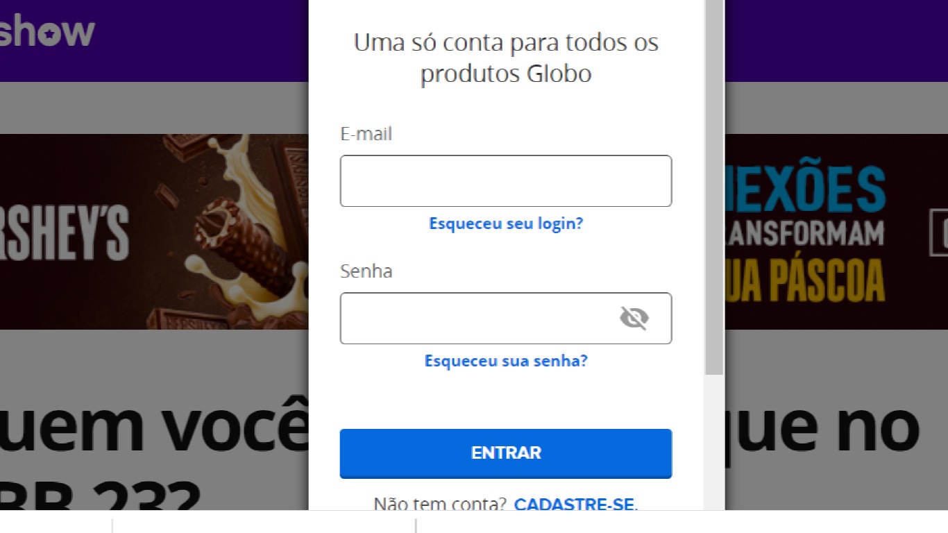 Página de login na conta Globo